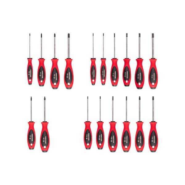 Phillips, Slotted, Torx, Square Screwdriver Set-4 Inch Shanks, 18-Piece (#0-#3,3-8 mm, T10-T30, #1-#2)