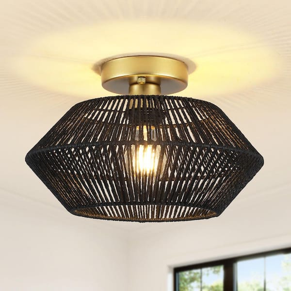 ADSENSTY 12.6 in. 1-Light Black Bohemian Rattan Semi Flush Mount Ceiling Light for Dining Room