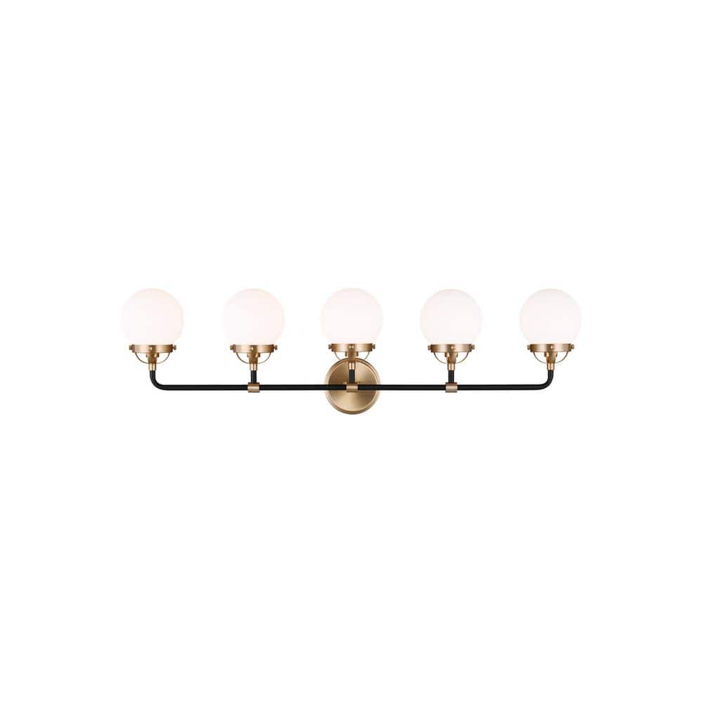 Satin Brass and Black 38.25" 5-Light Vanity Fixture with Etched Glass Shades