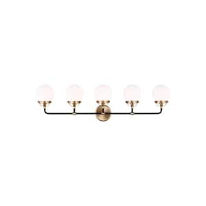 Cafe 38.25 in. W 5-Light Satin Brass Vanity Light with Etched/White Glass Shades and Matte Black Frame Accents