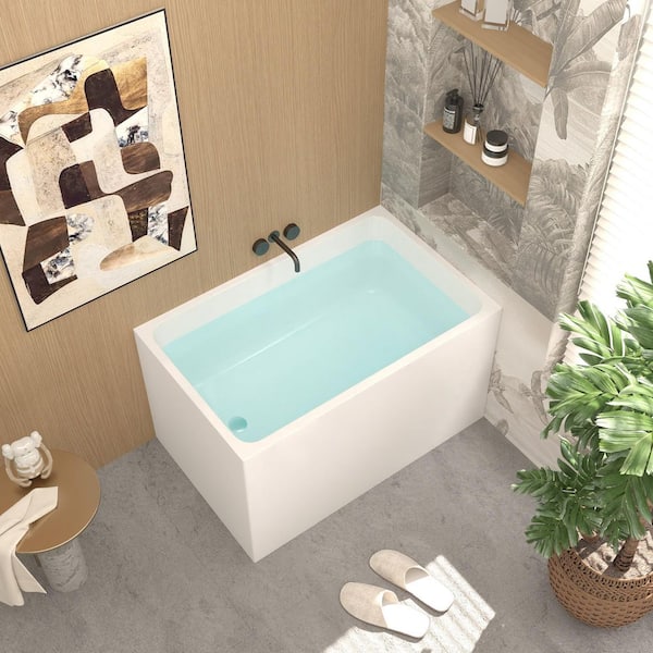 43 in. x 27.5 in. Acrylic Soaking Freestanding Rectangle Bathtub with Seat and Chrome Drain in Glossy White