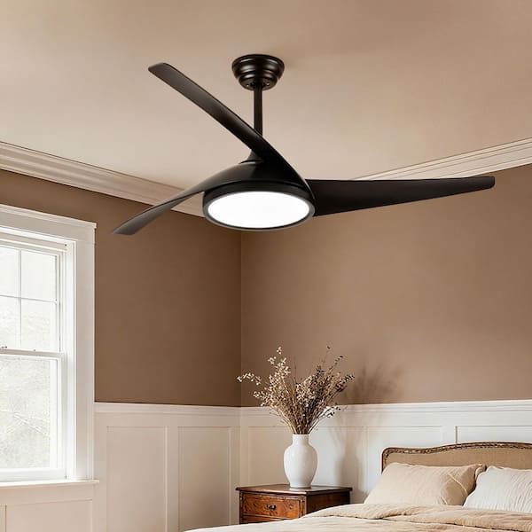 52 in. Smart Black 6-Speed Black Blades 2-Size Downrod Mount Standard Ceiling Fan with 3-Color Dimmable LED Light