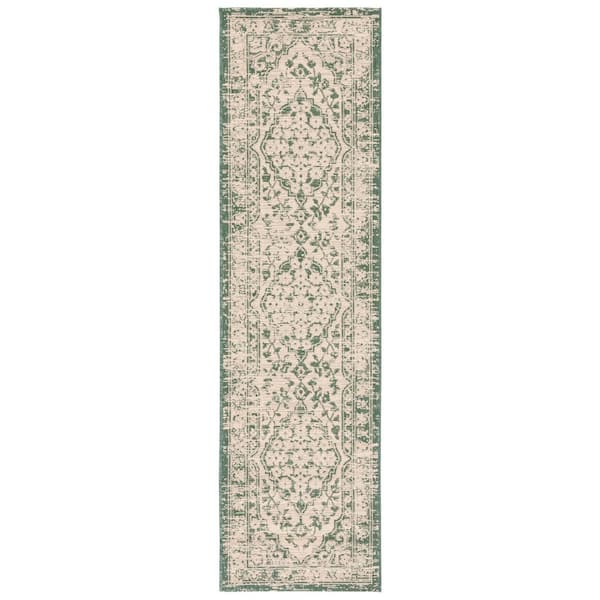 Courtyard Beige/Dark Green 2 ft. x 8 ft. Border Floral Medallion Indoor/Outdoor Runner Rug