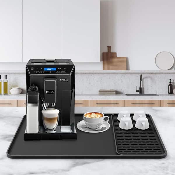 Black Non Slip Silicone Coffee Mat, Large Bar Mat with Detachable Dish Drying Mat, Fits Under Coffee Maker Dish Rack