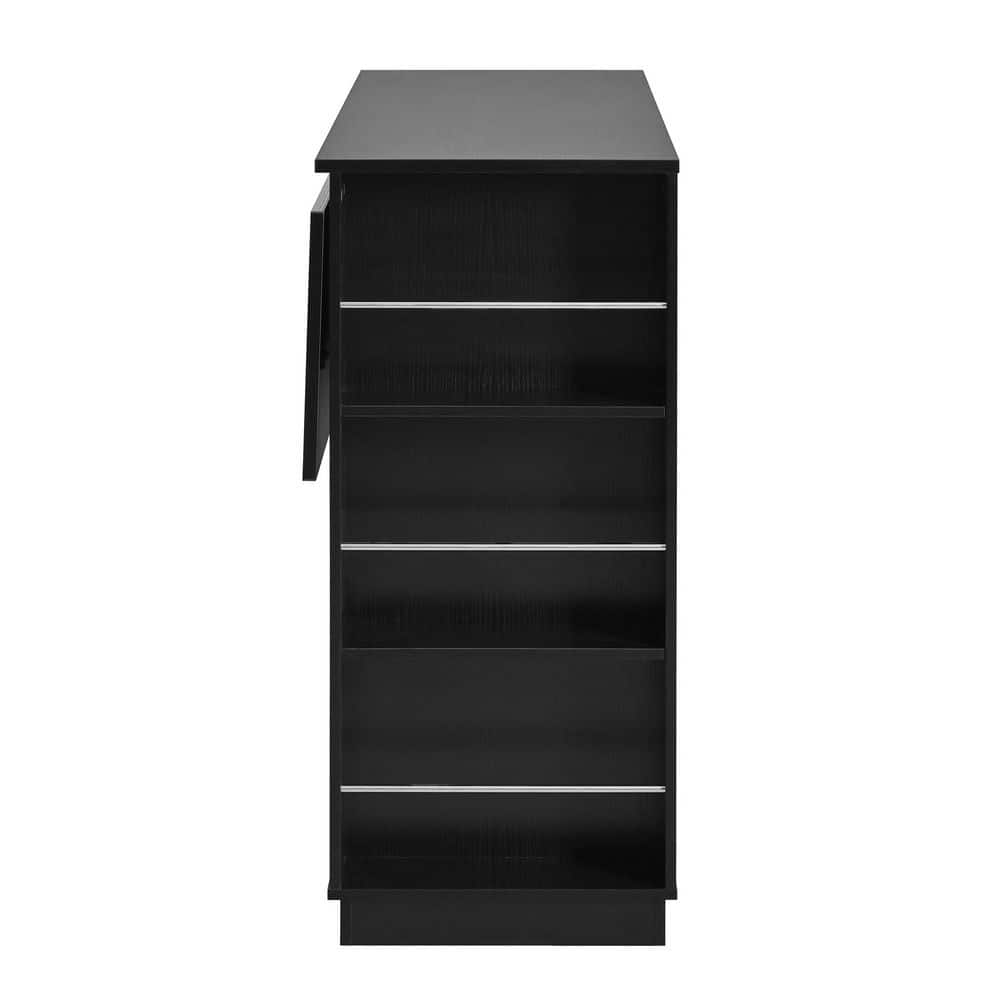 Side view of the black bar cabinet showing four open shelves.
