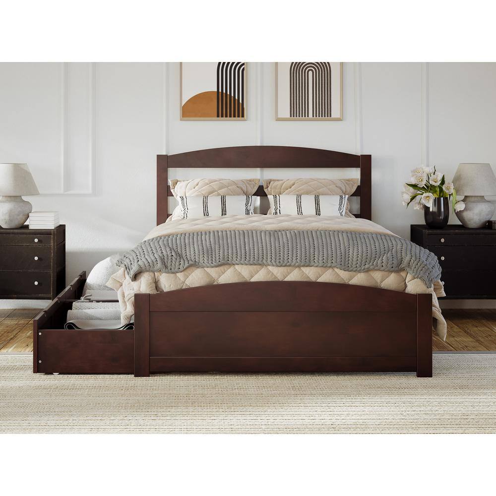 Walnut Full Platform Bed with Storage Drawers and Slatted Headboard