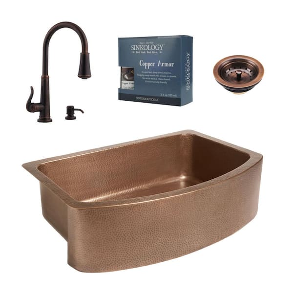 SINKOLOGY Ernst All-in-One Farmhouse Apron Copper 33 in. Single Bowl Kitchen Sink with Pfister Bronze Faucet and Strainer Drain