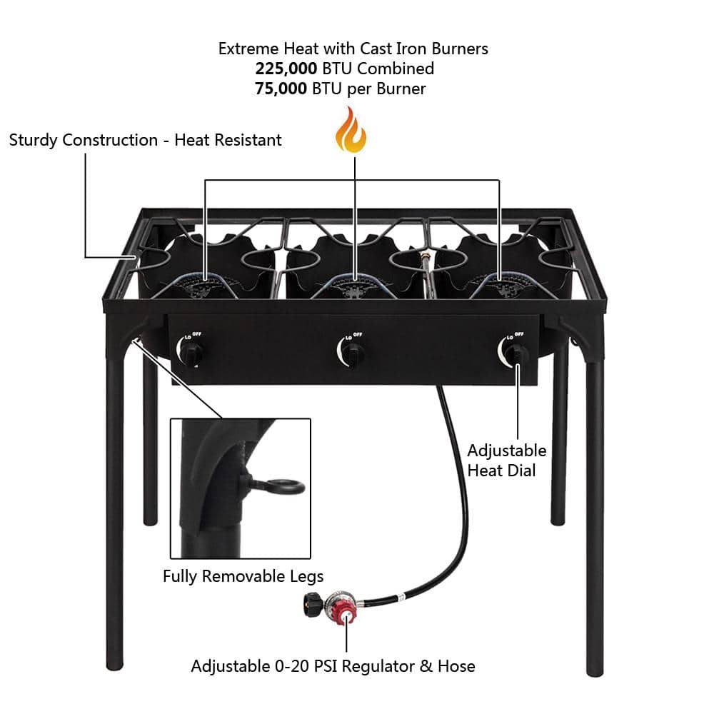 Black Cast Iron 3-Burner Outdoor Gas Cooker