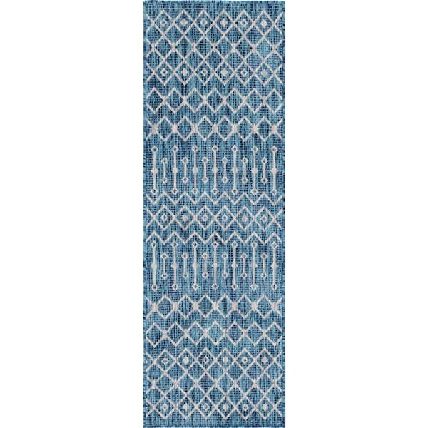 Teal/Gray Tribal Trellis Outdoor 2 ft. x 6 ft. Runner Rug