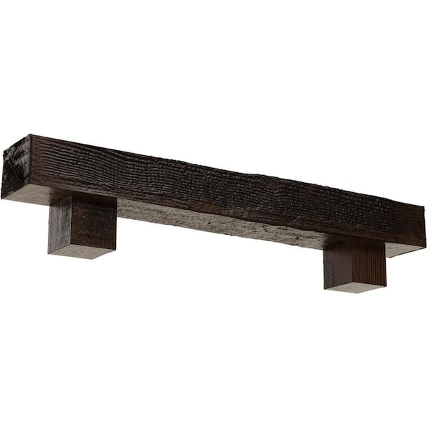 Ekena Millwork 6 in. x 8 in. x 4 ft. Rough Sawn Faux Wood Fireplace Mantel Kit, Alamo Corbels, Premium Aged
