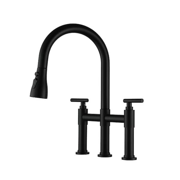 Double Handle 3 Hole Bridge Kitchen Faucet with Pull Down Sprayer 8 in. Widespread 360 Swivel Spout in Matte Black