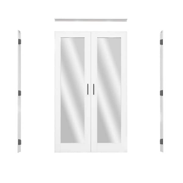 48 in. x 80 in. 1-Lite Mirrored Glass Universal White Solid Core Glass French Bi-fold Door +Separate Jamb and Ball Catch