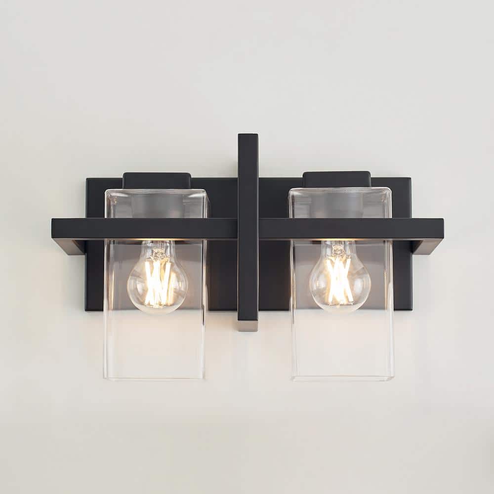 Midnight Black 2-Light Outdoor Vanity with Clear Glass Shades