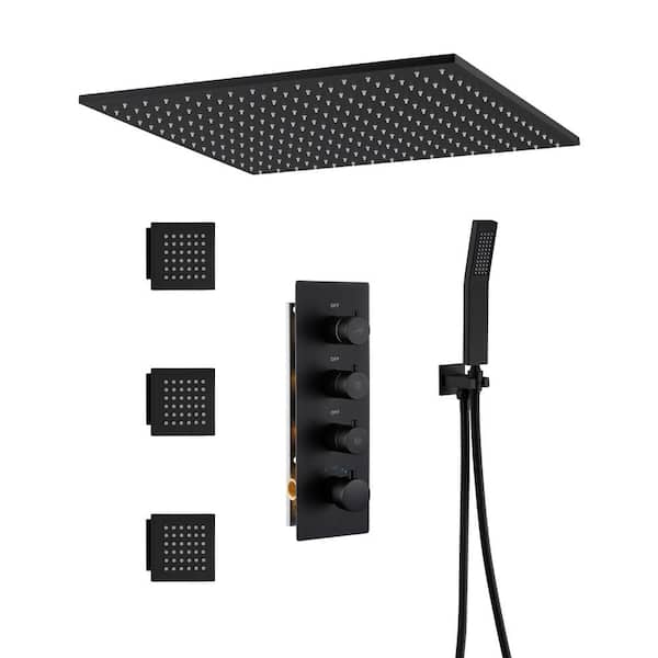 Mondawe Luxury Thermostatic 3-Spray Patterns 20 in. Flush Ceiling Mount Rain Dual Shower Heads with 3-Jet in Black
