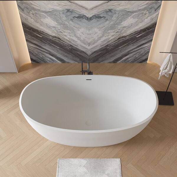 Moray 65 in. x 33.5 in. Solid Surface Stone Resin Flatbottom Freestanding Bathtub Soaking Bathtub in Matte White