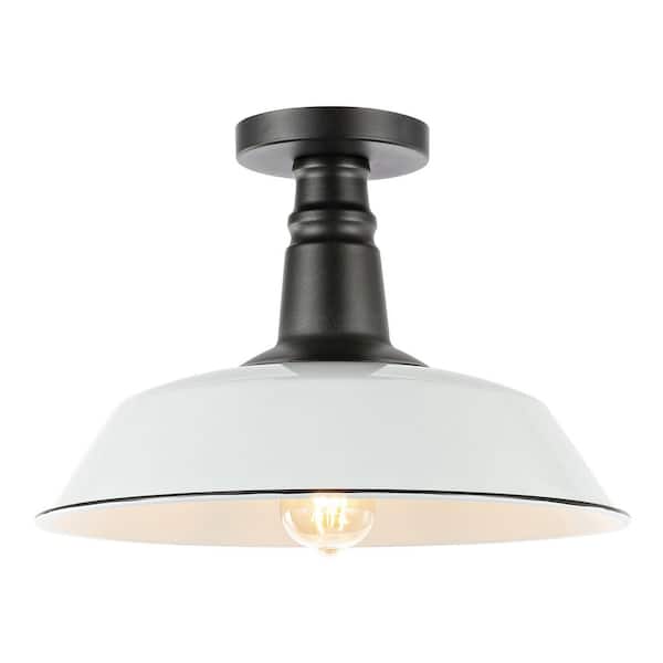 Camila 14 in. 1-Light White/Black Classic Industrial Indoor/Outdoor Iron LED Semi Flush Mount