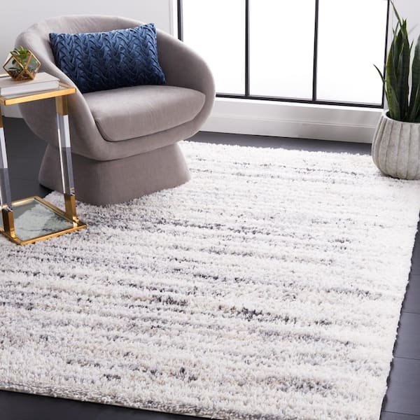 Berber Shag 7 ft. x 7 ft. Ivory/Gray Striped Abstract Square Area Rug