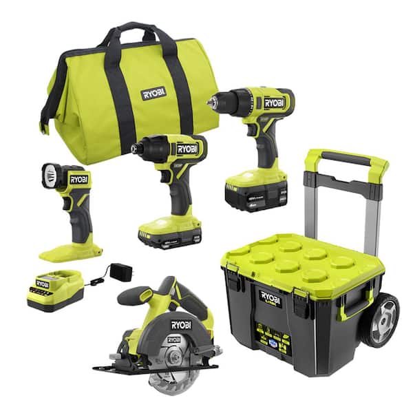 RYOBI ONE+ 18V Cordless 4-Tool Combo Kit with 1.5 Ah Battery, 4.0 Ah Battery, Charger, and LINK Rolling Tool Box