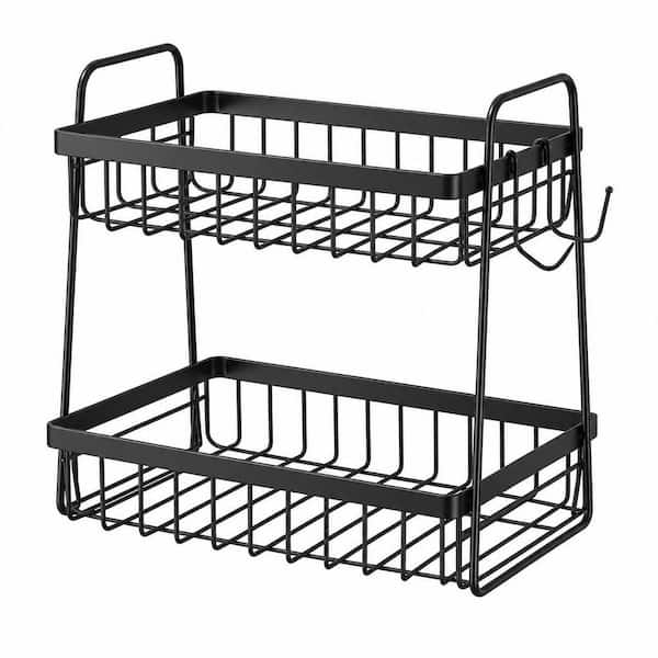 2 Piece Dual-Tier, Space-Saving Kitchen Fruit Basket Set, Removable Banana Hanger, Smooth Stainless Steel Frame, Black