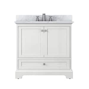 36 in. W x 22 in. D x 34 in. H Solid Wood Bath Vanity in White with Carrara White Marble Top,Ceramic Sink and Backsplash