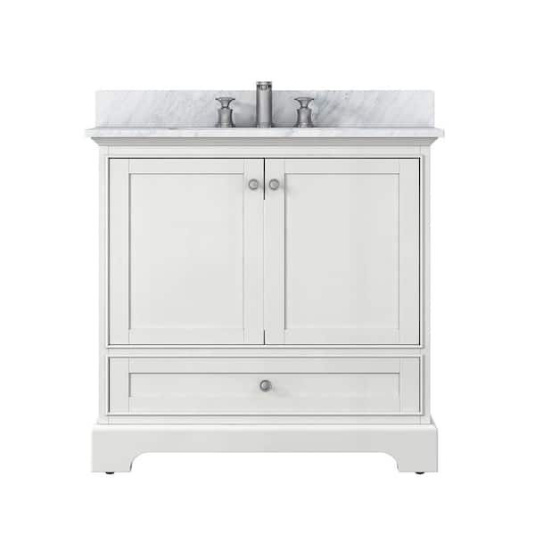 ANGELES HOME 36 in. W x 22 in. D x 34 in. H Solid Wood Bath Vanity in White with Carrara White Marble Top,Ceramic Sink and Backsplash