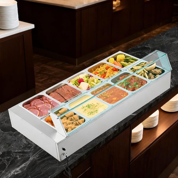 Commercial Electric Food Warmer, 1700W Stainless Steel Steam Table with Glass Lid, 10-Pan Countertop Buffet Bain Marie