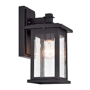 6 in. W 1-Light Black Sconce with Seeded Glass Shade and Dusk to Dawn Sensor