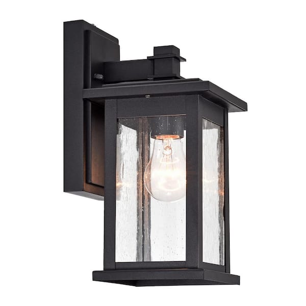 Tatahance 6 in. W 1-Light Black Sconce with Seeded Glass Shade and Dusk to Dawn Sensor