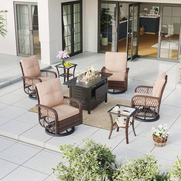 SUNMTHINK 7 Piece Beige Wicker Patio Rocking Chairs for 4