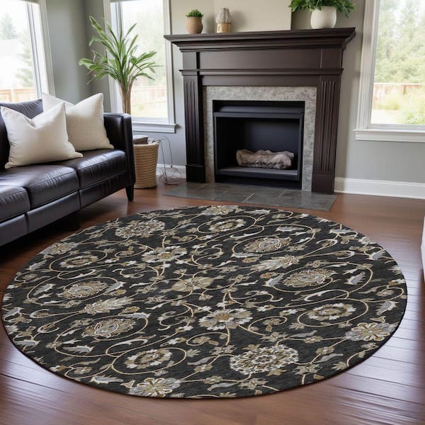 Mayfield Premium Machine Washable Abstract AMF1149 Black 8 ft. x 8 ft. Round Rug