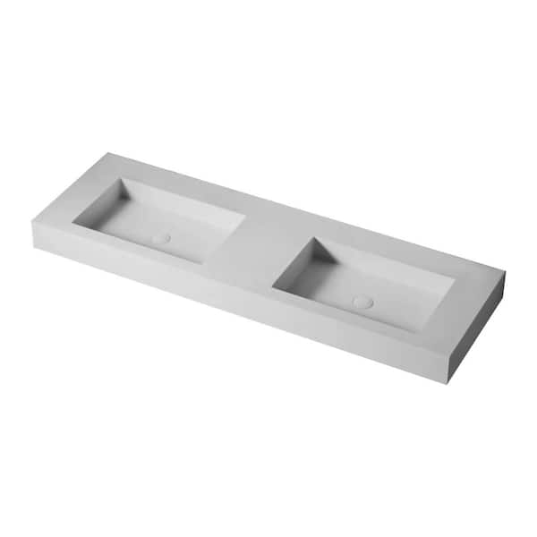 WELLFOR 4.3 in. Rectangular Wall-Mounted Bathroom Vessel Sink in White Solid Surface with Chrome Drainer