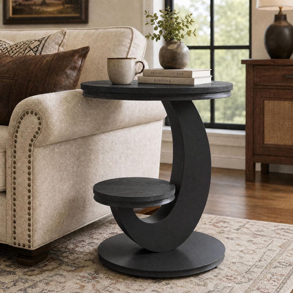 Kerlin 19.69 in. Black C-Shaped Round Wood End Table with 2-Tier Shelf Storage and Metal Frame for Living Room,Bedroom