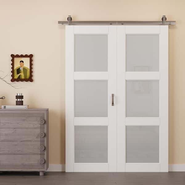 56 in. x 80 in. 3-Lite Tempered Frosted Glass White Primed Glass Bifold Sliding Barn Door with Hardware Kit
