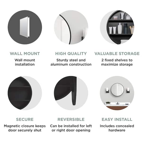 Glacier Bay 23.6 in. W x 23.6 in. H Round Matte Black Medicine Cabinet with Mirror