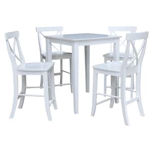 5 PC Set - White 30 in. Square Counter Height Dining Table with 4 X-Back Stools