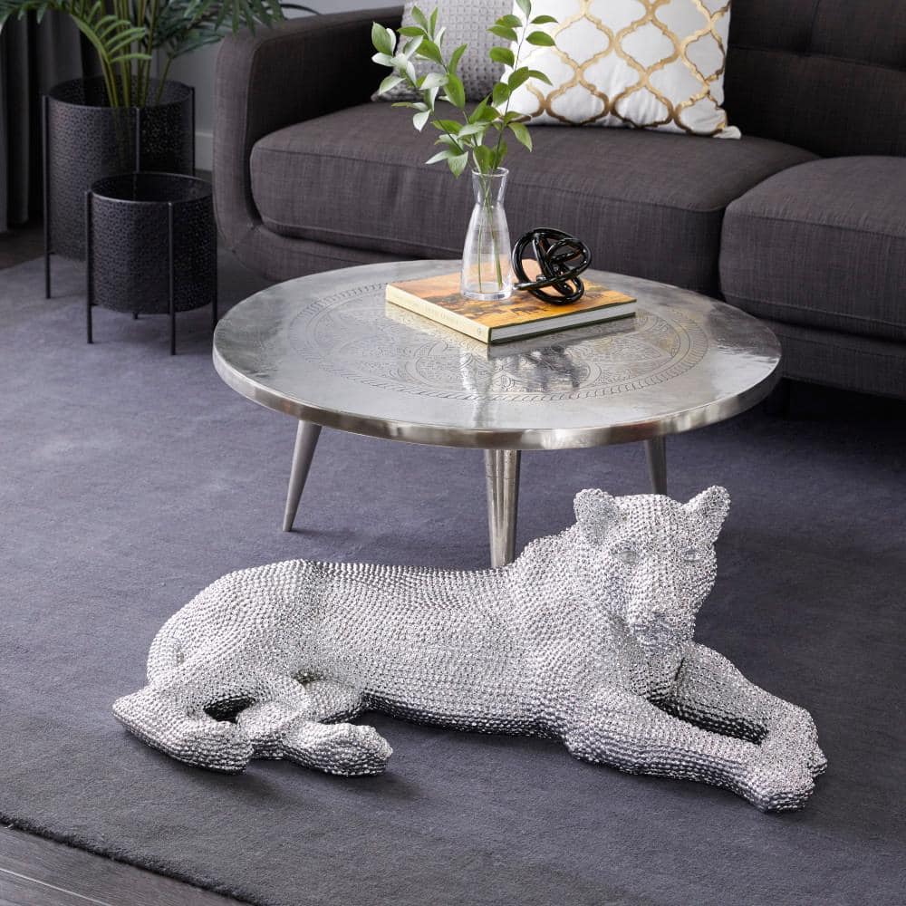 Silver Polystone Glam Leopard Floor Sculpture with Faceted Diamond Texture