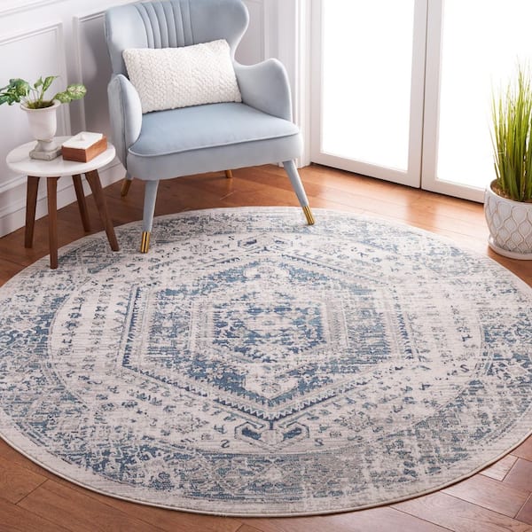 Madison Blue/Ivory 7 ft. x 7 ft. Border Floral Medallion Persian Round Area Rug