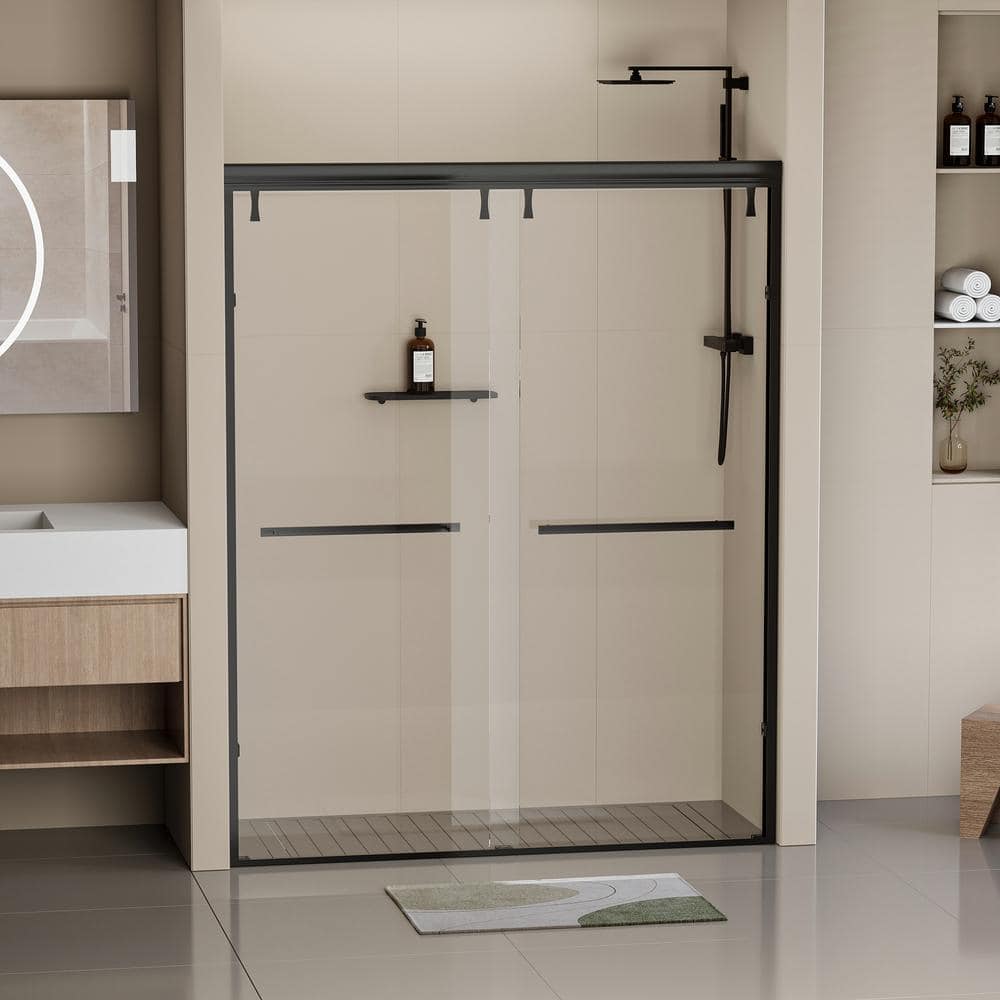 Matte Black Semi-Frameless Double Sliding Shower Door with Clear Tempered Glass