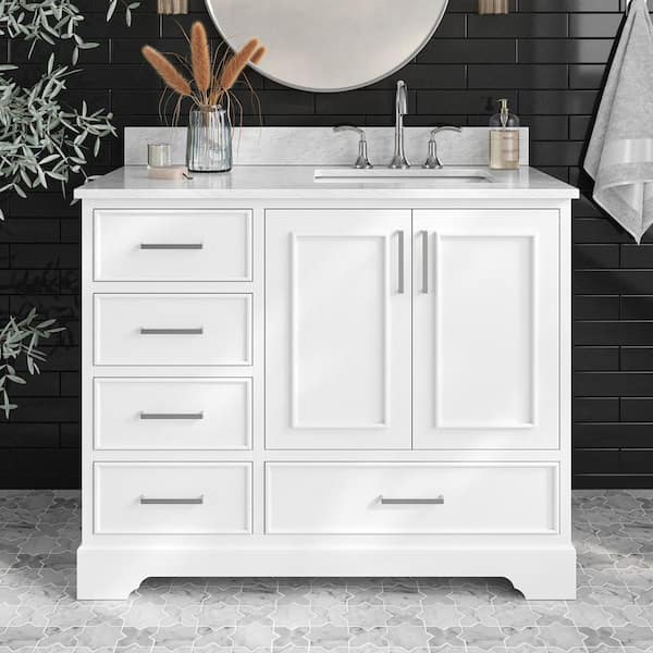 ARIEL Stafford 43 in. W x 22 in. D x 35.25 in. H Right Single Sink Bath Vanity in White with Carrara White Marble Top