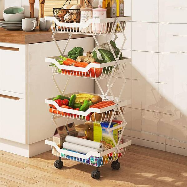 Foldable Storage Trolley with Wheels, Home Storage Basket, Removable Fruit and Vegetable Storage Basket