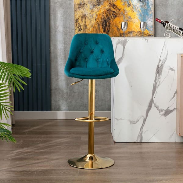 ANBAZAR Teal Blue Velvet Upholstery Dining Chair (Set of 1), Ajustable Upholstered Bar Stool Chair with Footrest and Back