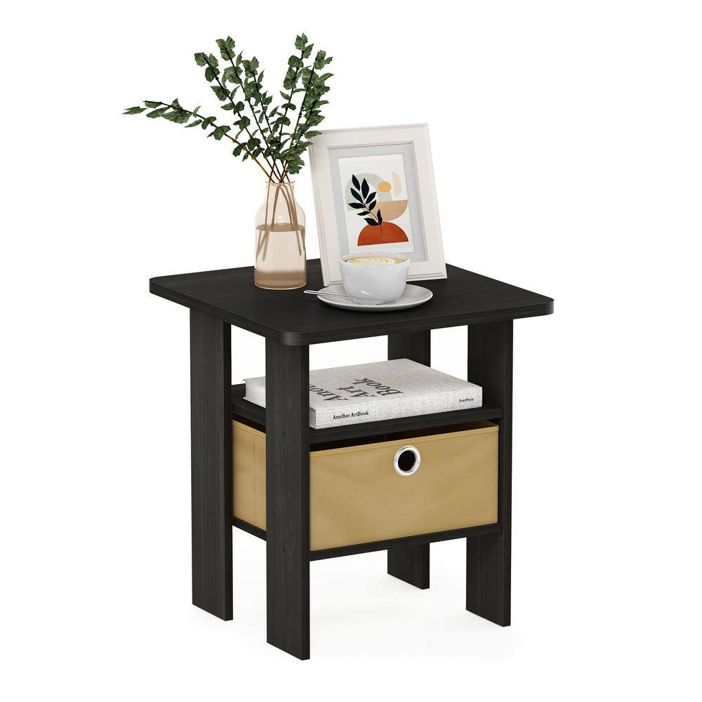 Dark Espresso Wood End Table with Fabric Drawer