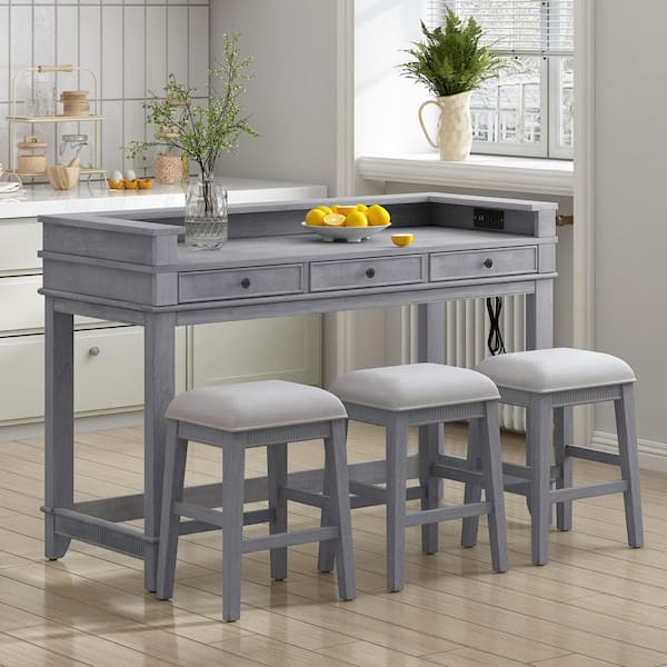 Unbranded Gray 4-Piece Wood Outdoor Dining Set with Gray Cushion, Multifunctional Dining Table with 3 Drawers and 3 Stools