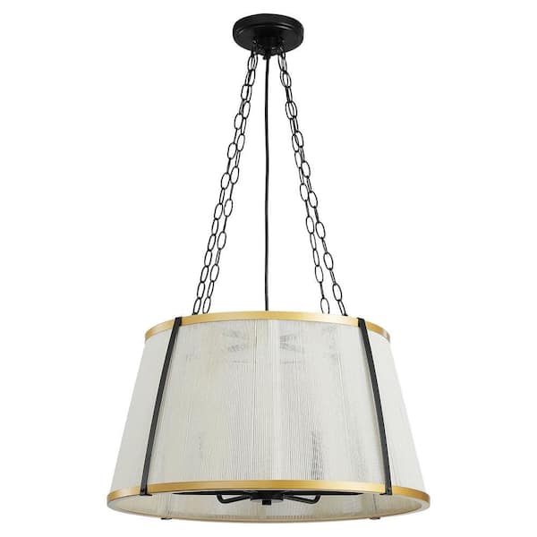 24 in. 6-Light Black and Gold Border Cotton Wire Chandelier with Beige Cotton Shade