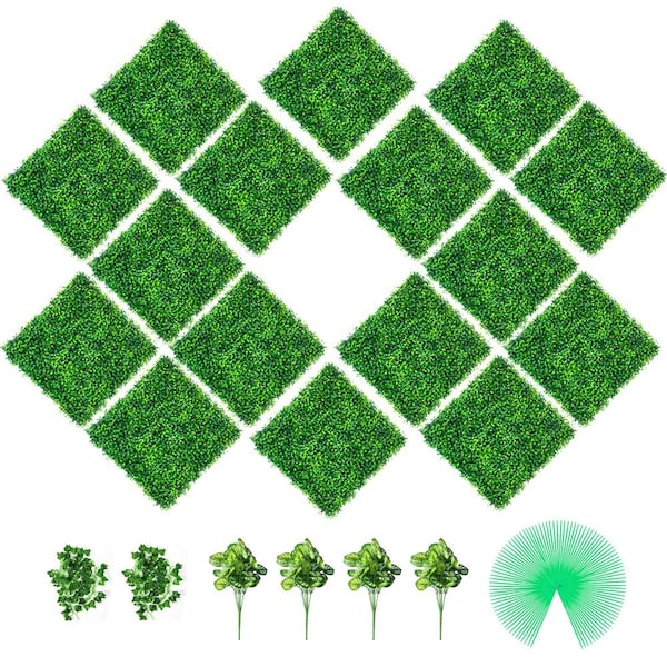 Artificial Boxwood Panels 16 Piece 20 x 20 in. Boxwood Hedge Wall Panels 1.6 in. Vinyl Decorative