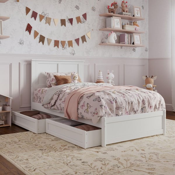 AFI Felicity White Solid Wood Frame Twin Platform Bed with Panel Footboard and Storage Drawers
