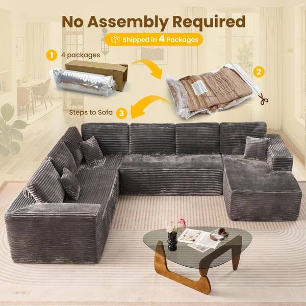 Allwex VJ 135 in. Wide Arm 4-Piece Modern Plush Corduroy U-Shape