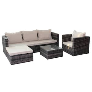 4-Piece PE Rattan Wicker Patio Conversation Set Outdoor Garden Sofa Set with Table and Ottoman, Shallow Brown Cushion