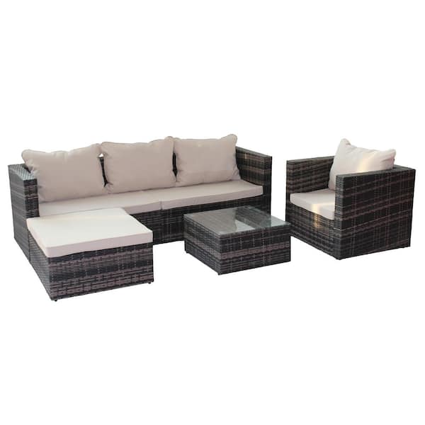 URTR 4-Piece PE Rattan Wicker Patio Conversation Set Outdoor Garden Sofa Set with Table and Ottoman, Shallow Brown Cushion