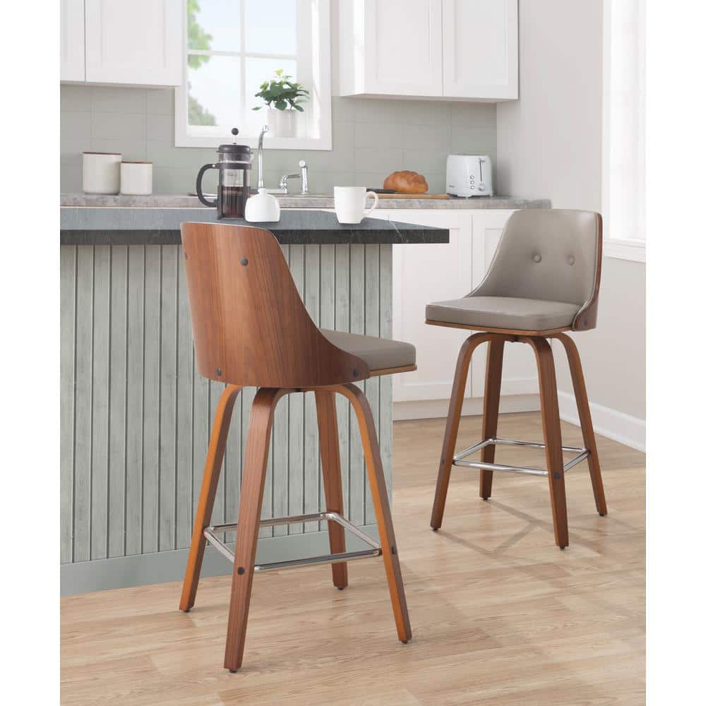 Gianna Light Gray Walnut Chrome Swivel Counter Stool Set